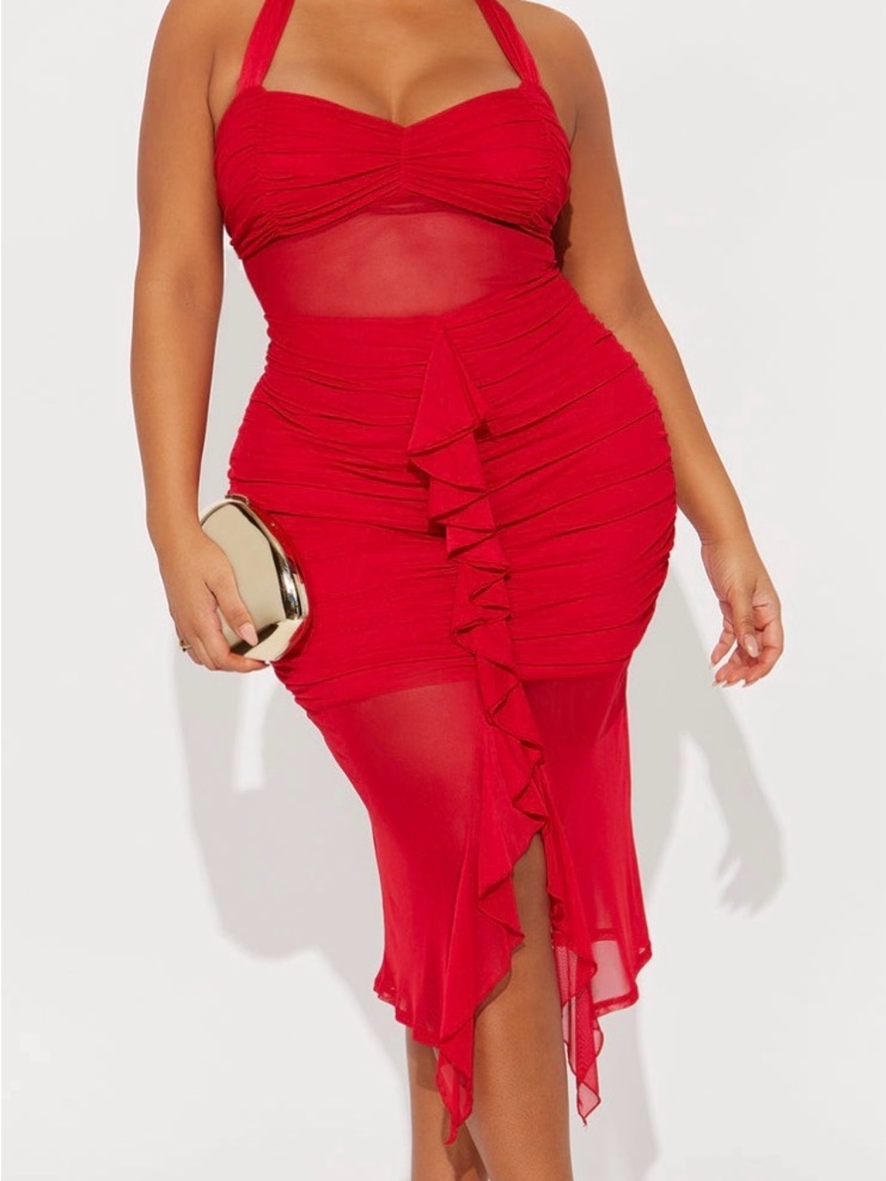 Fashion Nova Red Halter Ruched Midi Dress with Ruffle Front